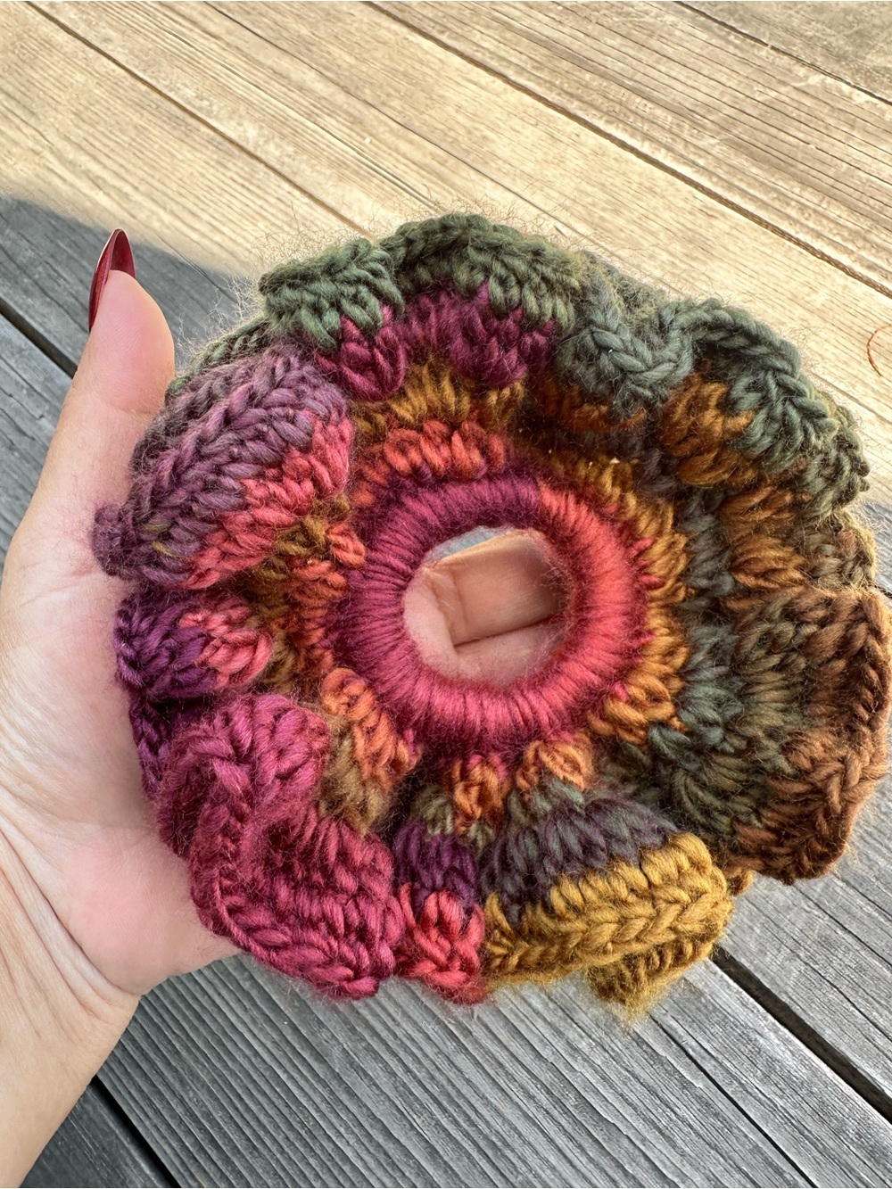 Handmade Multicolor Crochet Hair Scrunchie - Pink, Green, Brown